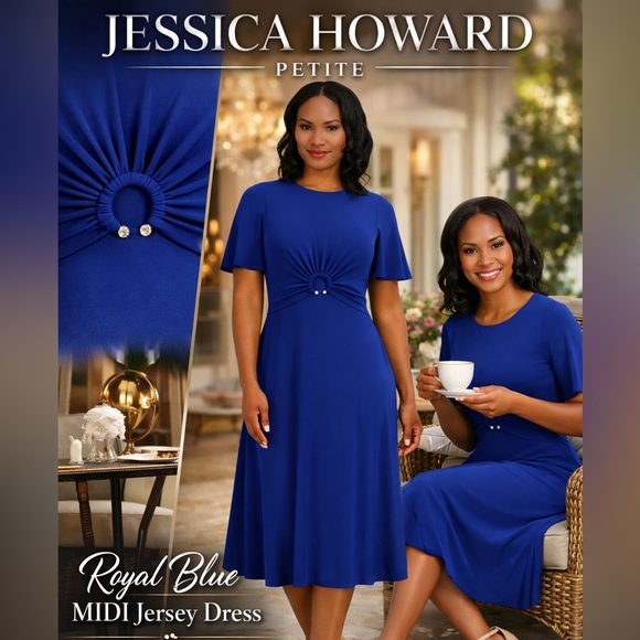 Jessica Howard Dresses & Skirts - Jessica Howard Petite Royal Blue Jersey Midi Dress 8P NWT Round Neck Classic Fit